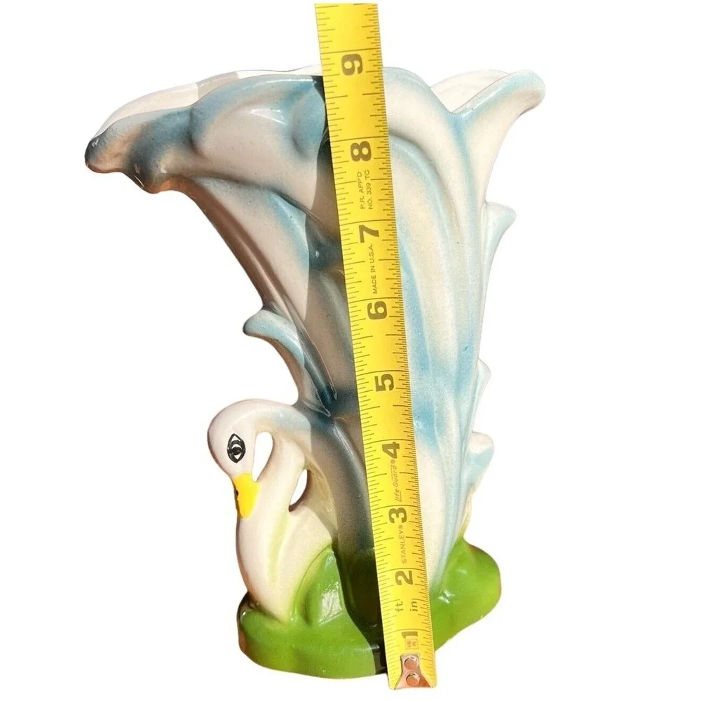 Vtg Swan Ceramic Vase Planter Blue‎ Green White MCM Unsigned McCoy Pottery Retro